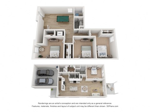 A 3D floor plan of a 4-bedroom home with a garage for two cars.